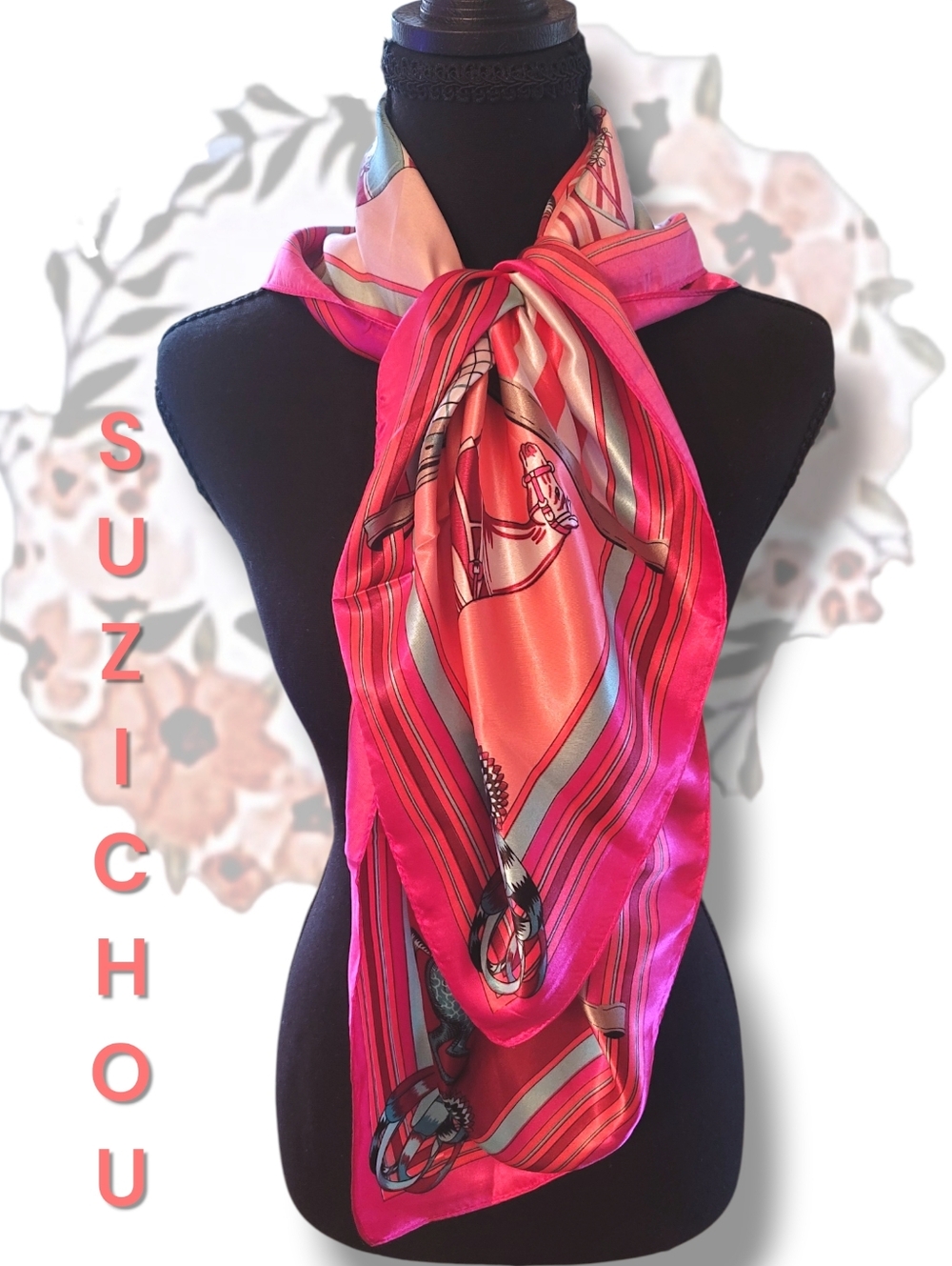 Suzhichou Silk  Equestrian Horse Print Scarf - Pink, Coral, Aqua - Picture 2 of 6